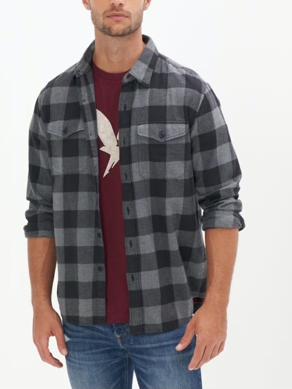 American Eagle Super Soft Flannel Shirt In Charcoal Black Gray(L)